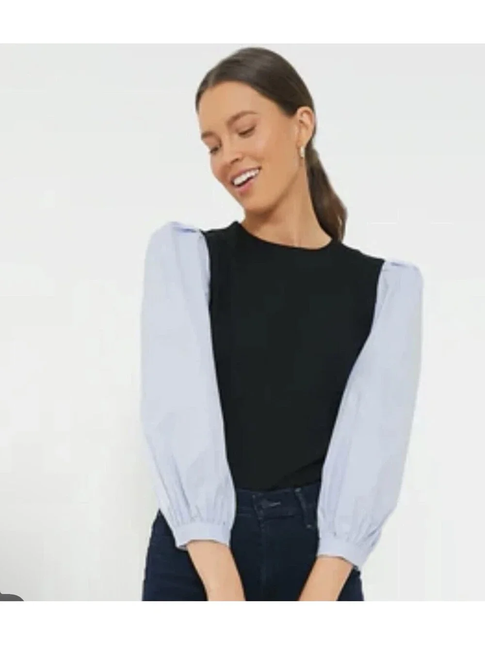 Tuckernuck Black Bodice Top with Light Blue Puff Sleeves